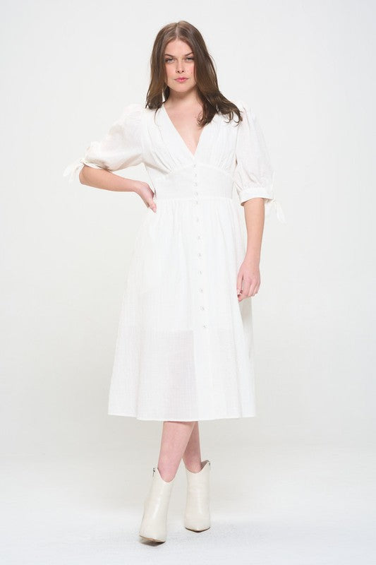 white plus size midi dress Jade By Jane Plus 3/4 Puff Slv Textured Button Down Midi Dress OFF White / 1X