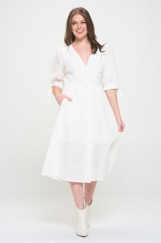 Jade by Jane Plus 3/4 Puff SLV Textured Button Down Midi Dress Black / 3x