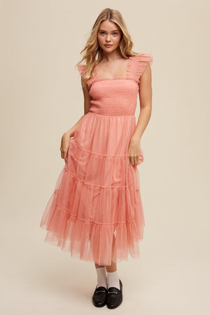 Smocked Ruffle Tiered Mesh Midi Maxi Dress