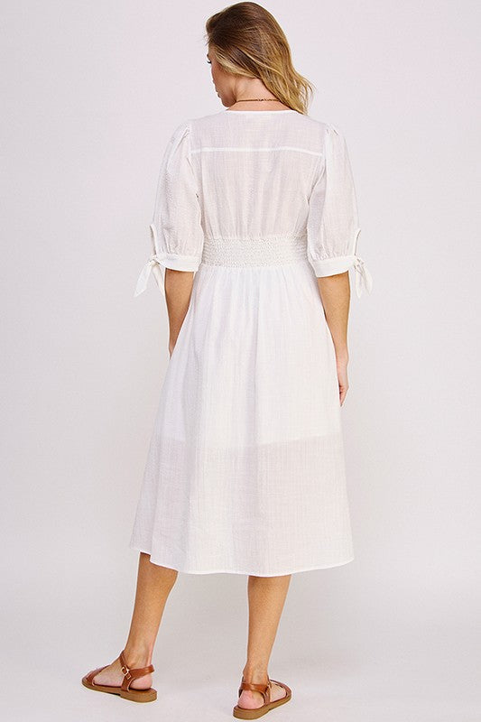 Jade by Jane 3/4 Puff Slv Texture Vneck Button Down Midi Dress Off White / S