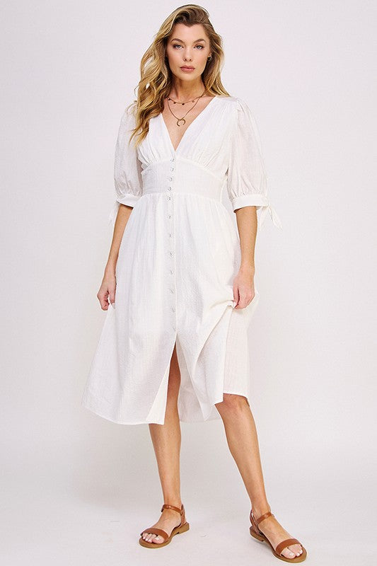 Jade By Jane 3/4 Puff Slv Texture Vneck Button Down Midi Dress OFF White / S Jade By Jane 3/4 Puff Slv Texture Vneck Button Down Midi Dress OFF White / S