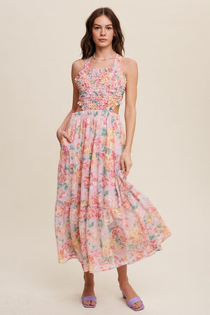 Floral Bubble Textured Two-Piece Style Maxi Dress