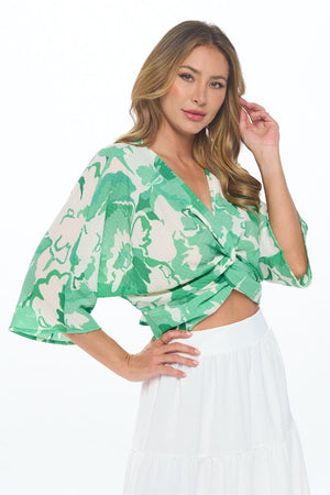 Floral Mid Sleeve Top With Front Twist