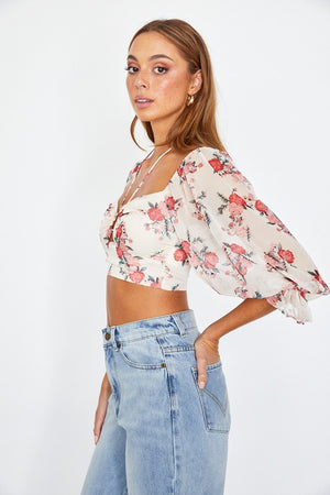 Floral Print Chiffon Balloon Sleeved Bustier Crop Top