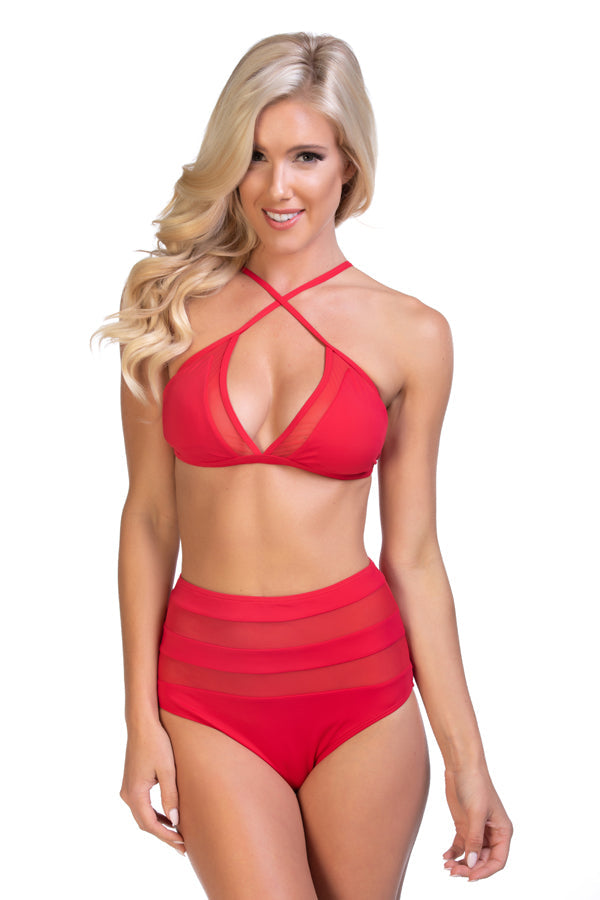 SOLID RED MESH HALTER HIGH WAIST BIKINI SET