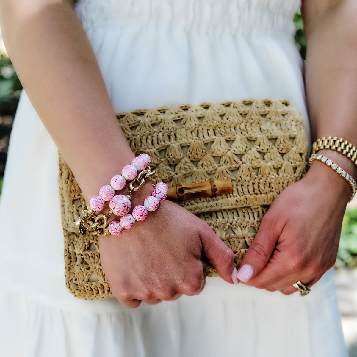 Marchesa Chinoiserie & Chunky Chain Bracelet in Pink & White by CANVAS