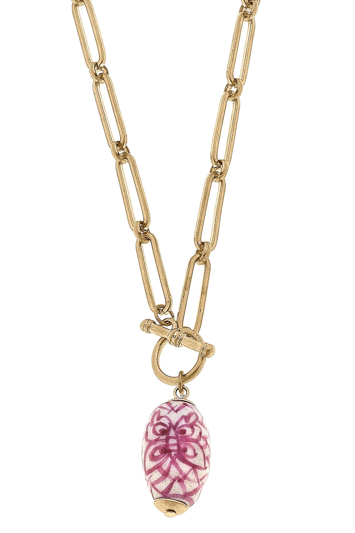 Evelyn Chinoiserie T-Bar Necklace in Pink & White by CANVAS