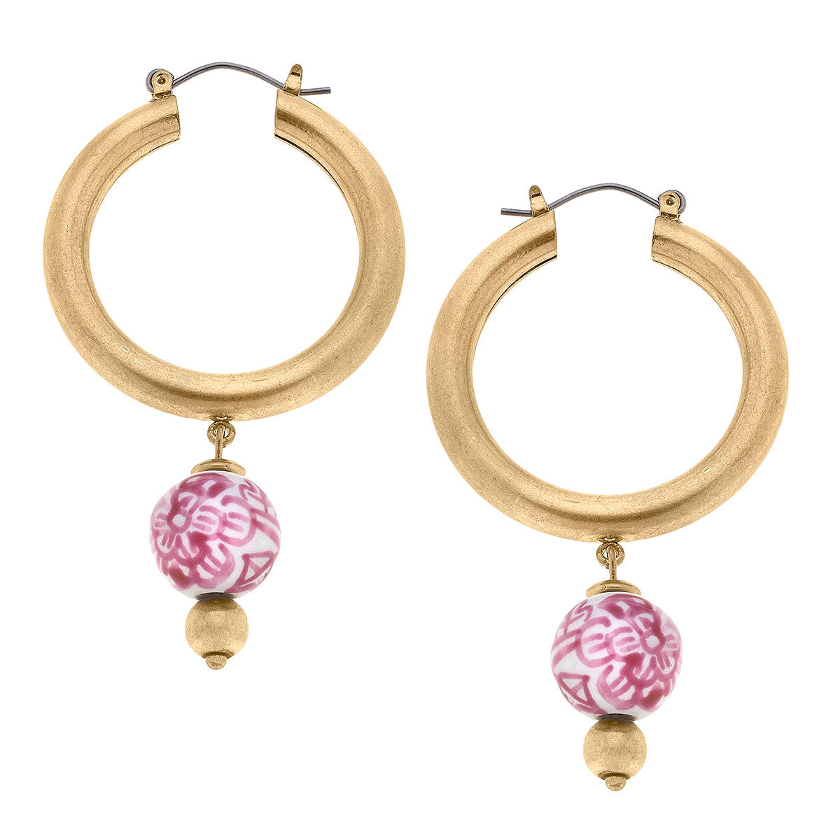 Paloma Chinoiserie Drop Hoop Earrings in Pink & White by CANVAS
