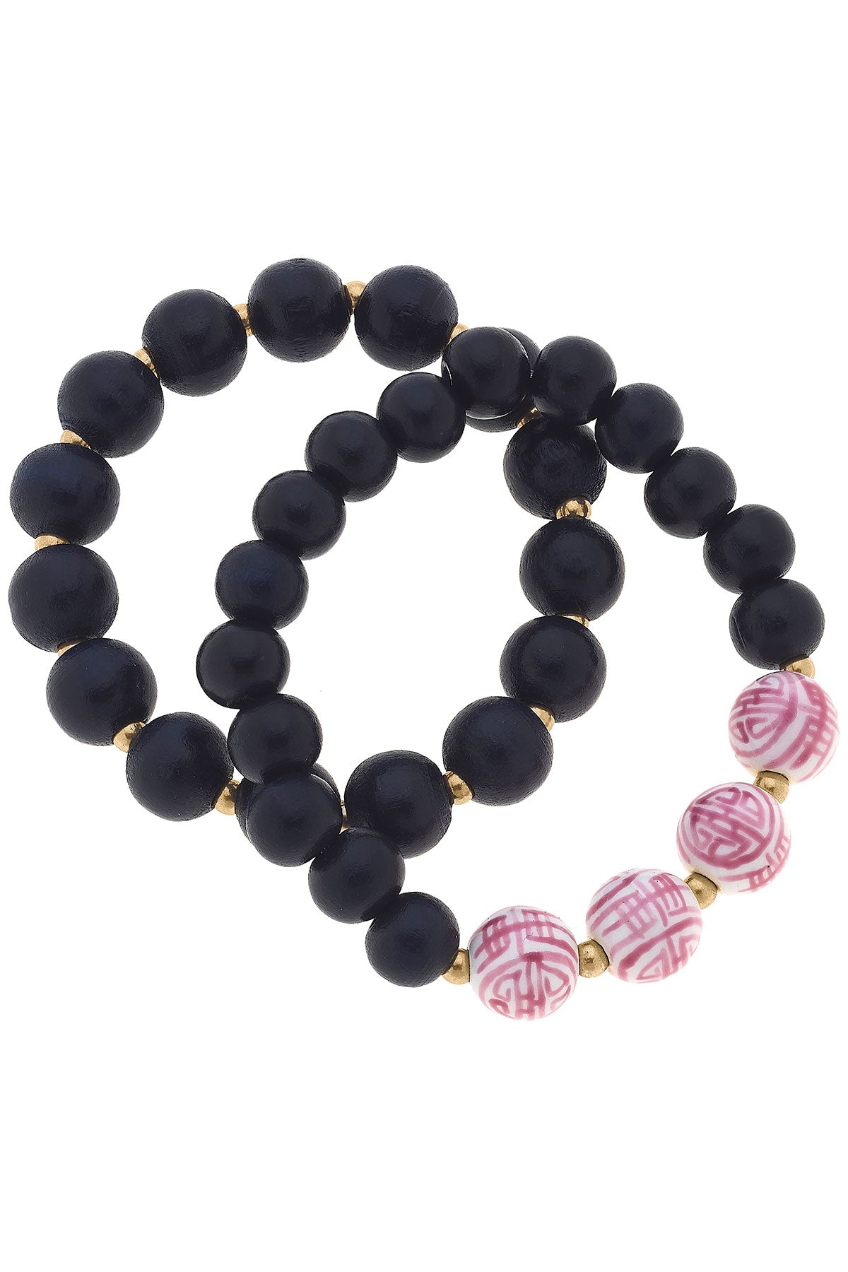 Iris Pink & White Chinoiserie & Painted Wood Stretch Bracelet Stack in Navy - Set of 2 by CANVAS