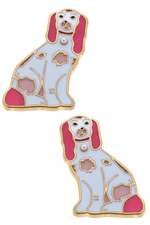Daphne Enamel Staffordshire Dog Stud Earrings in Pink & White by CANVAS