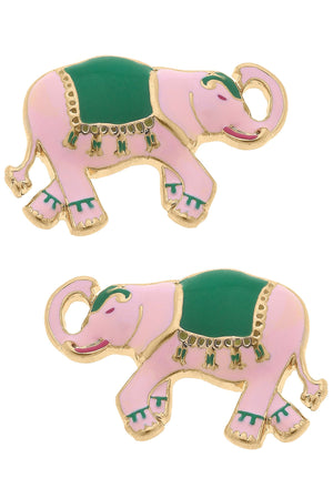 Livy Enamel Elephant Stud Earrings in Pink & Green by CANVAS