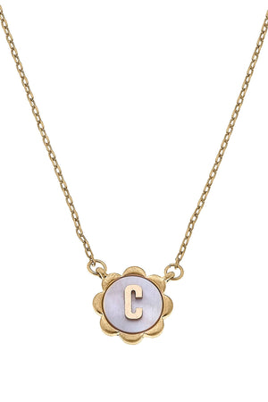 Juliette Mother of Pearl Scalloped Initial Necklace in Worn Gold by CANVAS