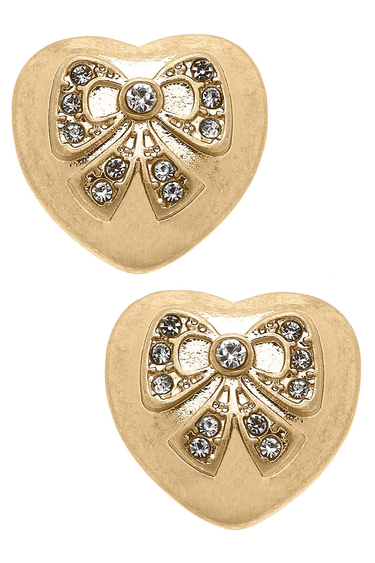 Rylan Pavé Bow Heart Stud Earrings in Worn Gold by CANVAS