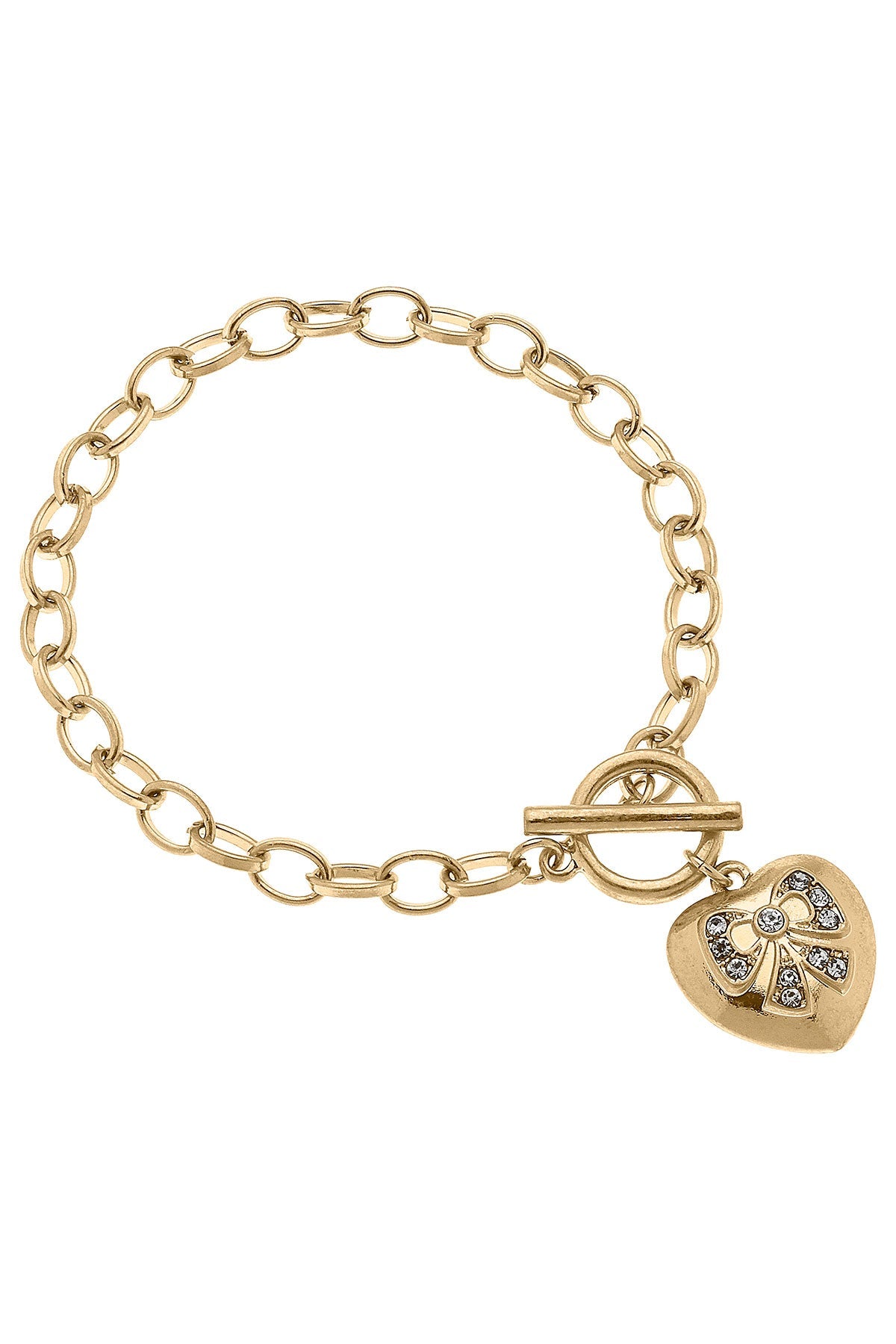 Rylan Pavé Bow Heart Charm T-Bar Bracelet in Worn Gold by CANVAS