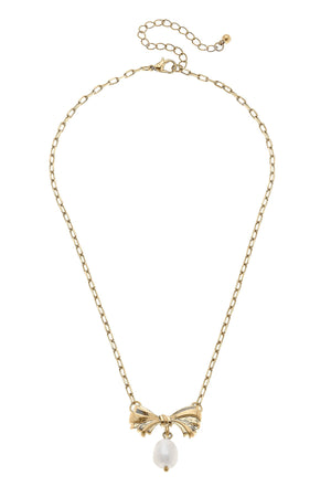 Cici Bow & Pearl Pendant Necklace in Worn Gold by CANVAS