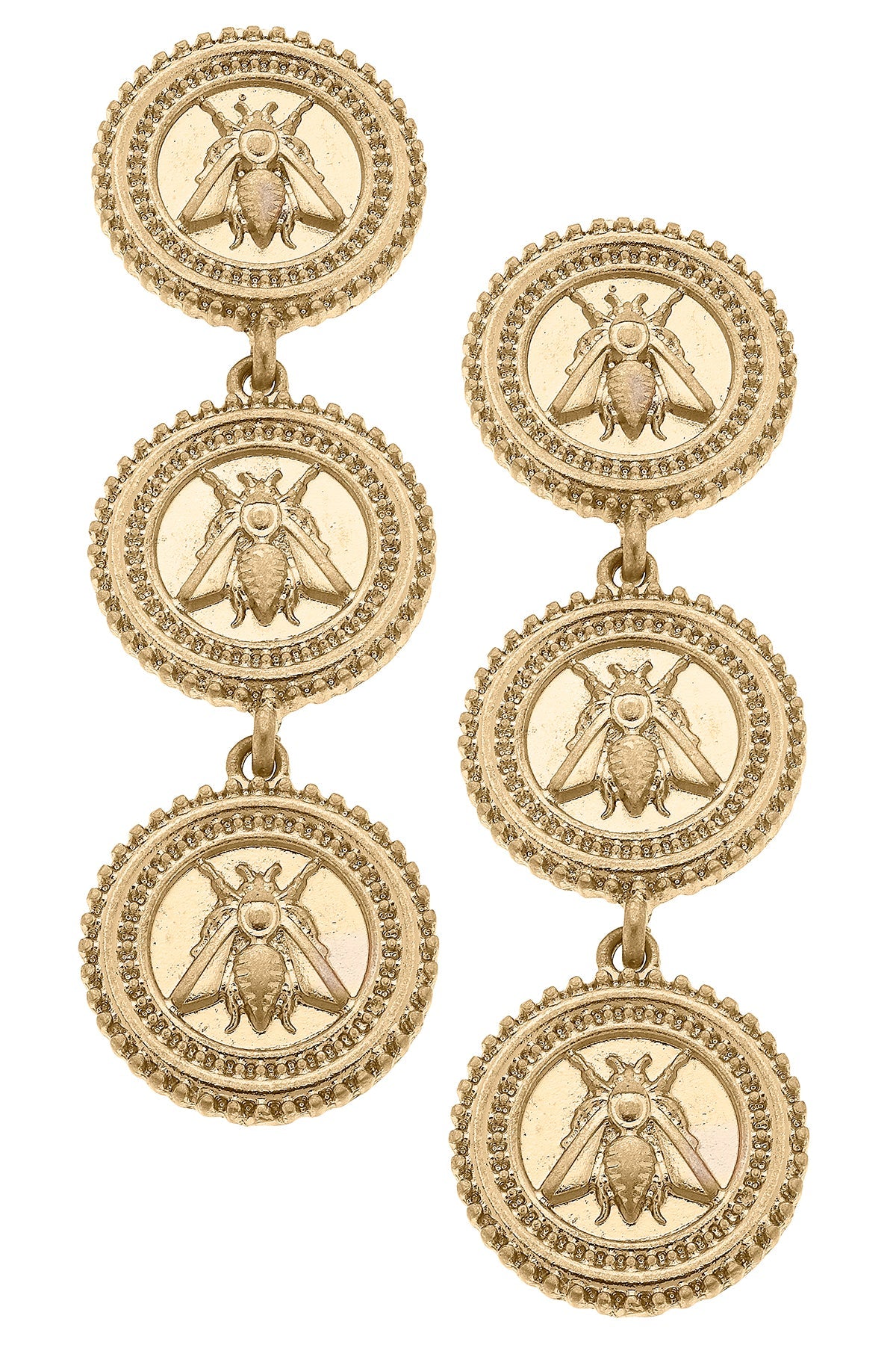 Lizette Bee Medallion Triple Drop Earrings in Worn Gold by CANVAS