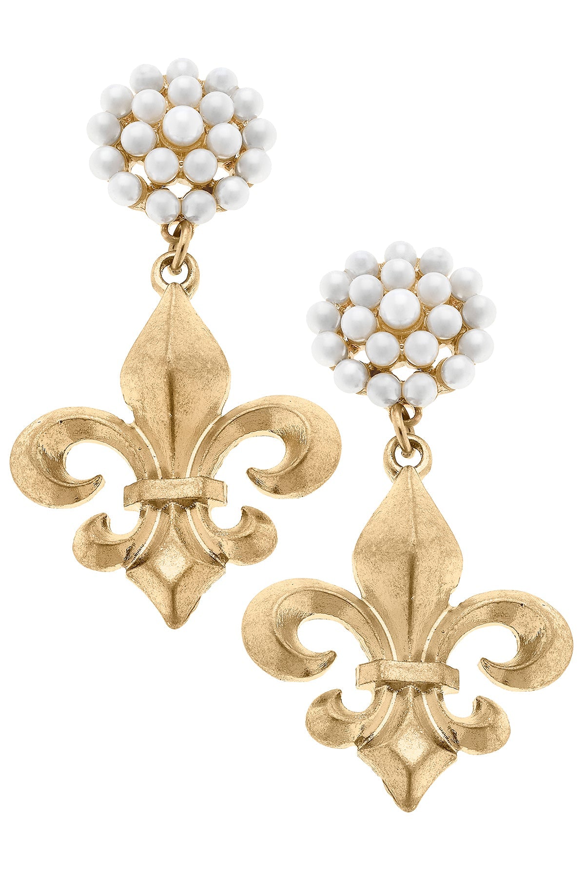 Manon Bourbon Fleur de Lis & Pearl Cluster Drop Earrings in Worn Gold by CANVAS