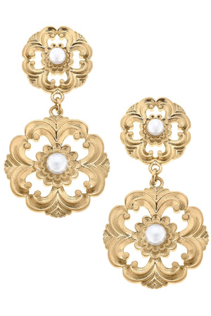 Marguerite Acanthus & Pearl Drop Earrings in Worn Gold by CANVAS