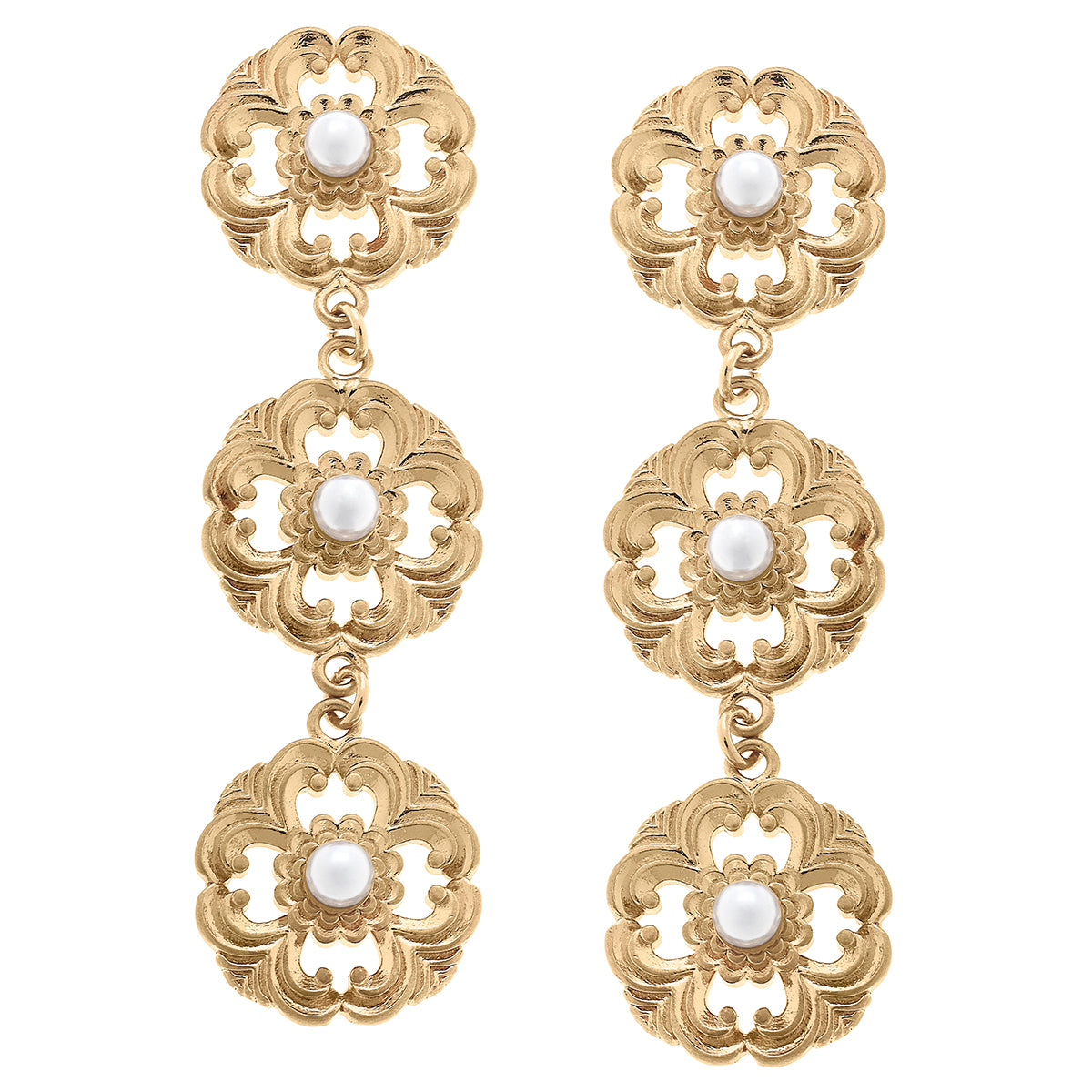 Marquette Acanthus & Pearl Triple Drop Earrings in Worn Gold by CANVAS