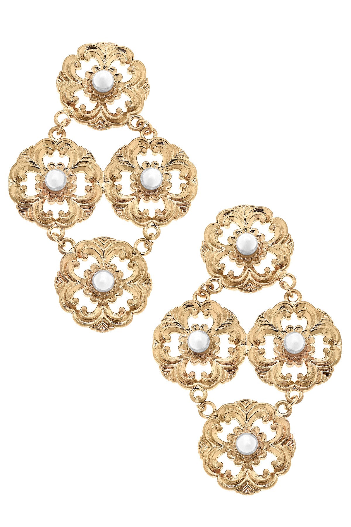 Orleans Acanthus & Pearl Chandelier Earrings in Worn Gold by CANVAS