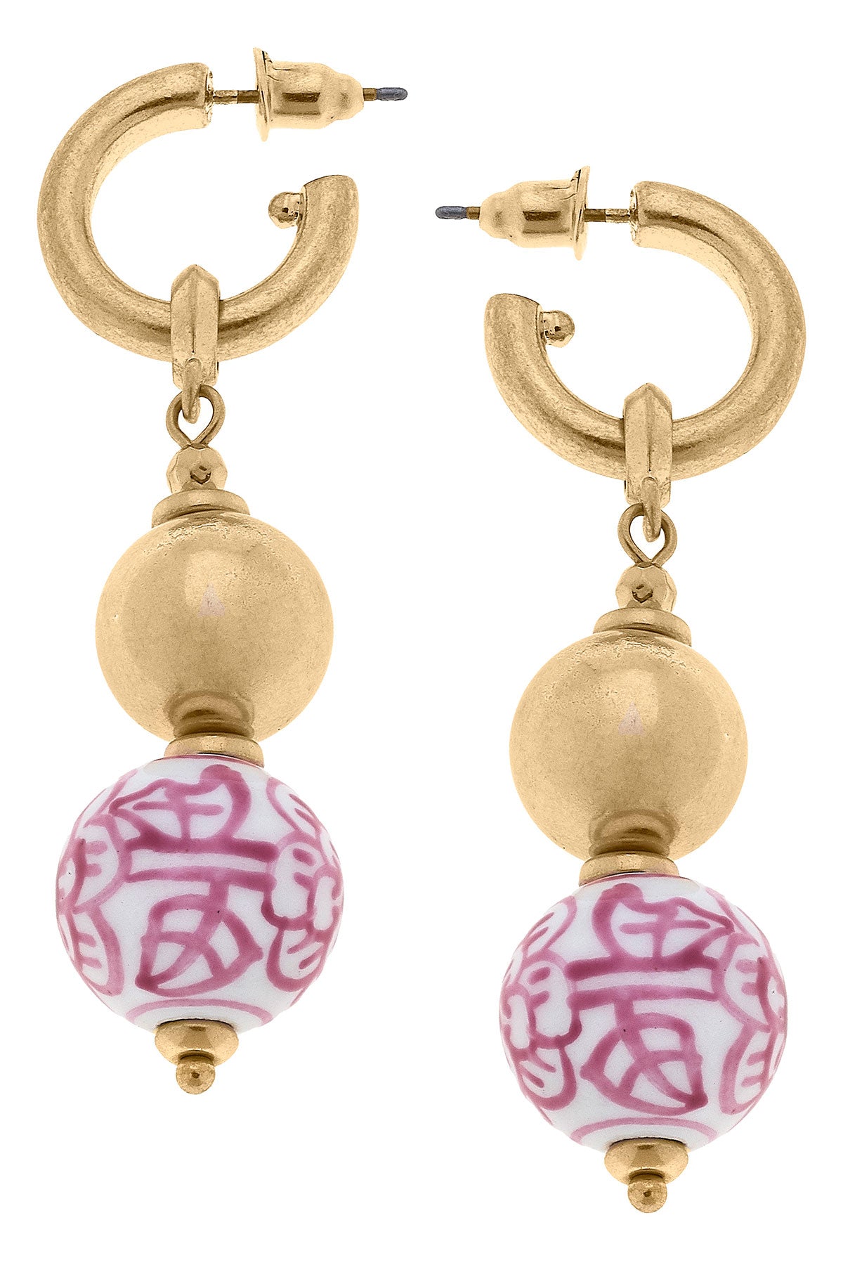 Aylin Chinoiserie Drop Hoop Earrings in Pink & White by CANVAS