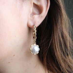 Ellison Twisted Metal & Pearl Flower Drop Hoop Earrings in Ivory by CANVAS