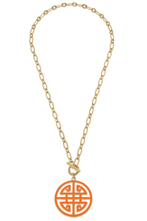 Tara Game Day Greek Keys Enamel Pendant Necklace in Orange by CANVAS