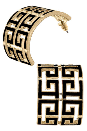 Brennan Game Day Greek Keys Enamel Hoop Earrings in Black by CANVAS