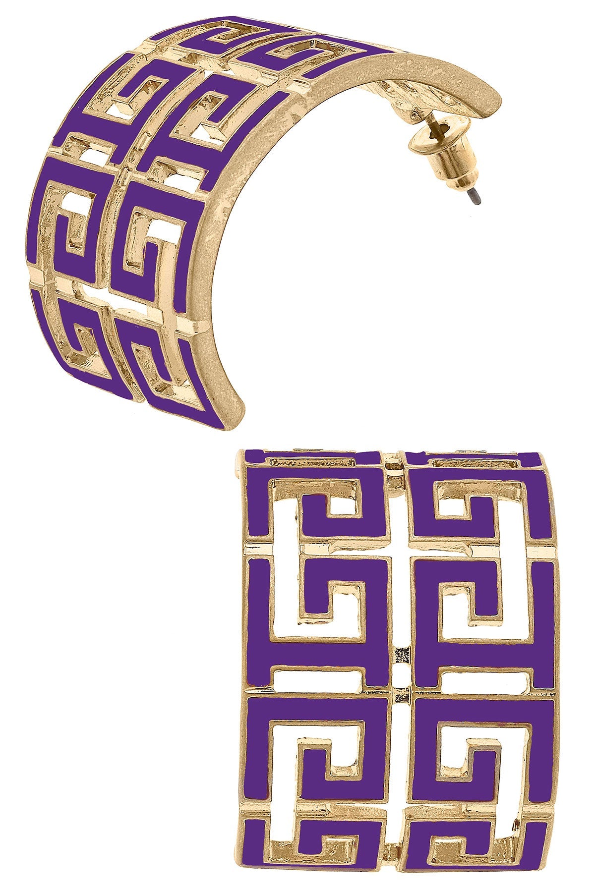 Brennan Game Day Greek Keys Enamel Hoop Earrings in Purple by CANVAS