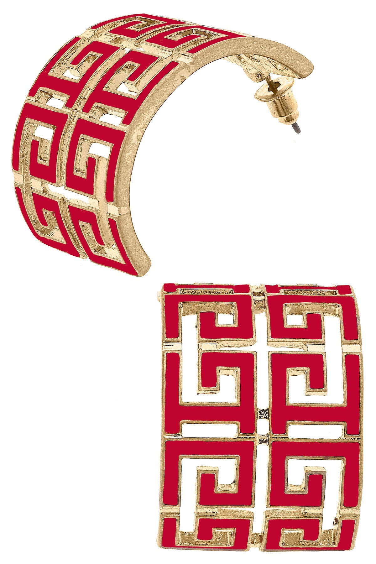 Brennan Game Day Greek Keys Enamel Hoop Earrings in Red by CANVAS