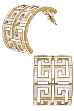 Brennan Game Day Greek Keys Enamel Hoop Earrings in White by CANVAS
