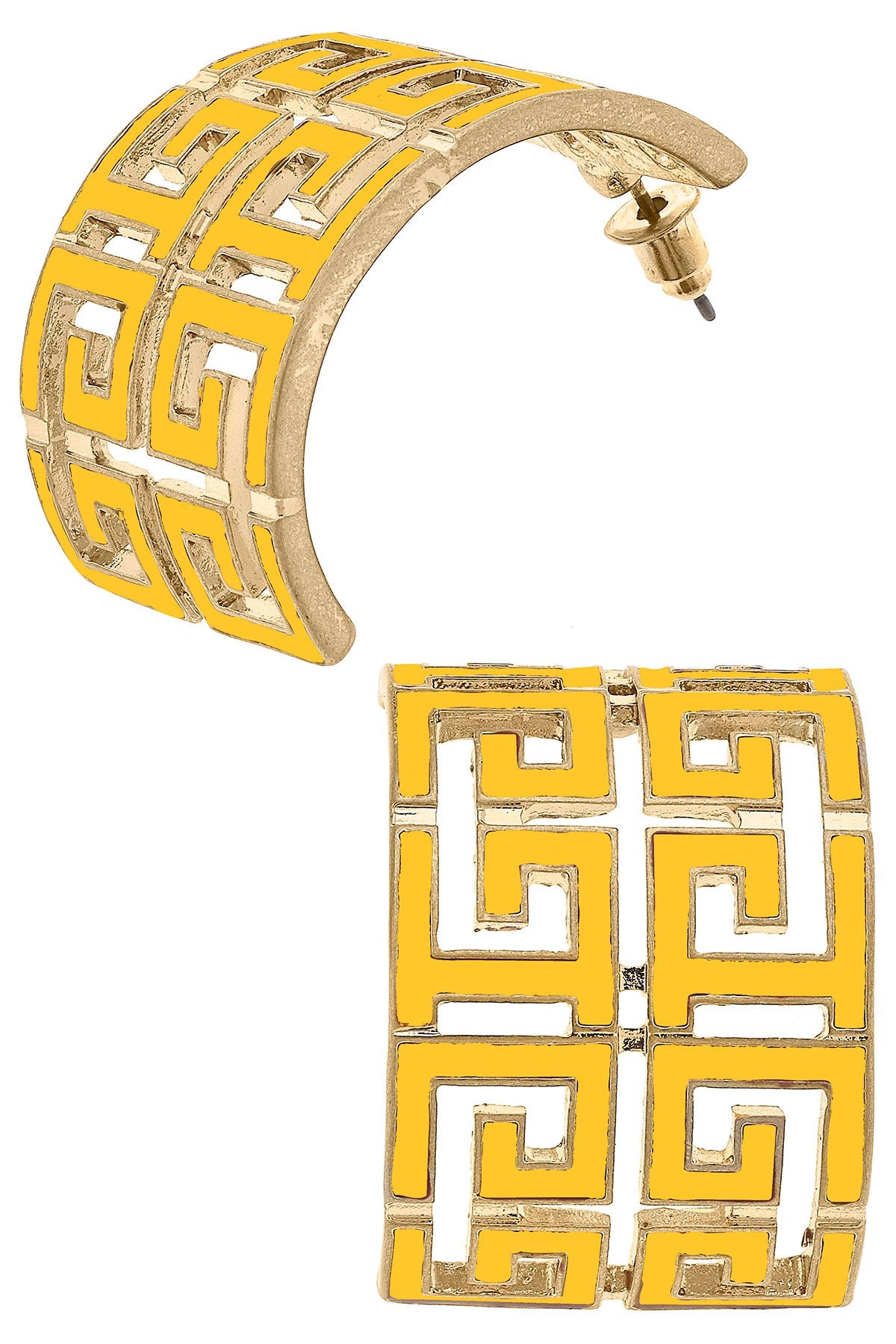 Brennan Game Day Greek Keys Enamel Hoop Earrings in Yellow by CANVAS