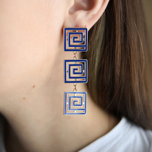 Gretchen Game Day Greek Keys Linked Enamel Earrings in Blue by CANVAS