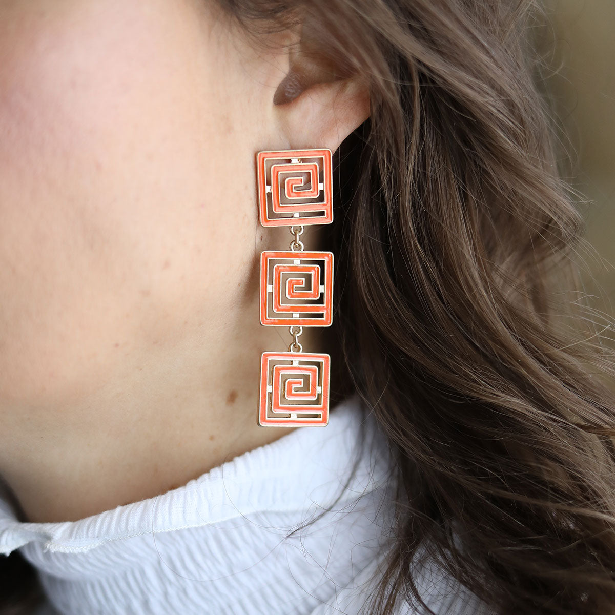 Gretchen Game Day Greek Keys Linked Enamel Earrings in Orange by CANVAS