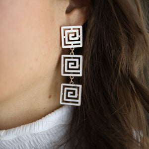 Gretchen Game Day Greek Keys Linked Enamel Earrings in White by CANVAS