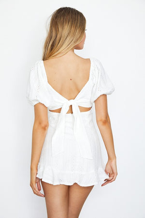 Textured Eyelet Puff Sleeved Empire Waist Mini Dress - White