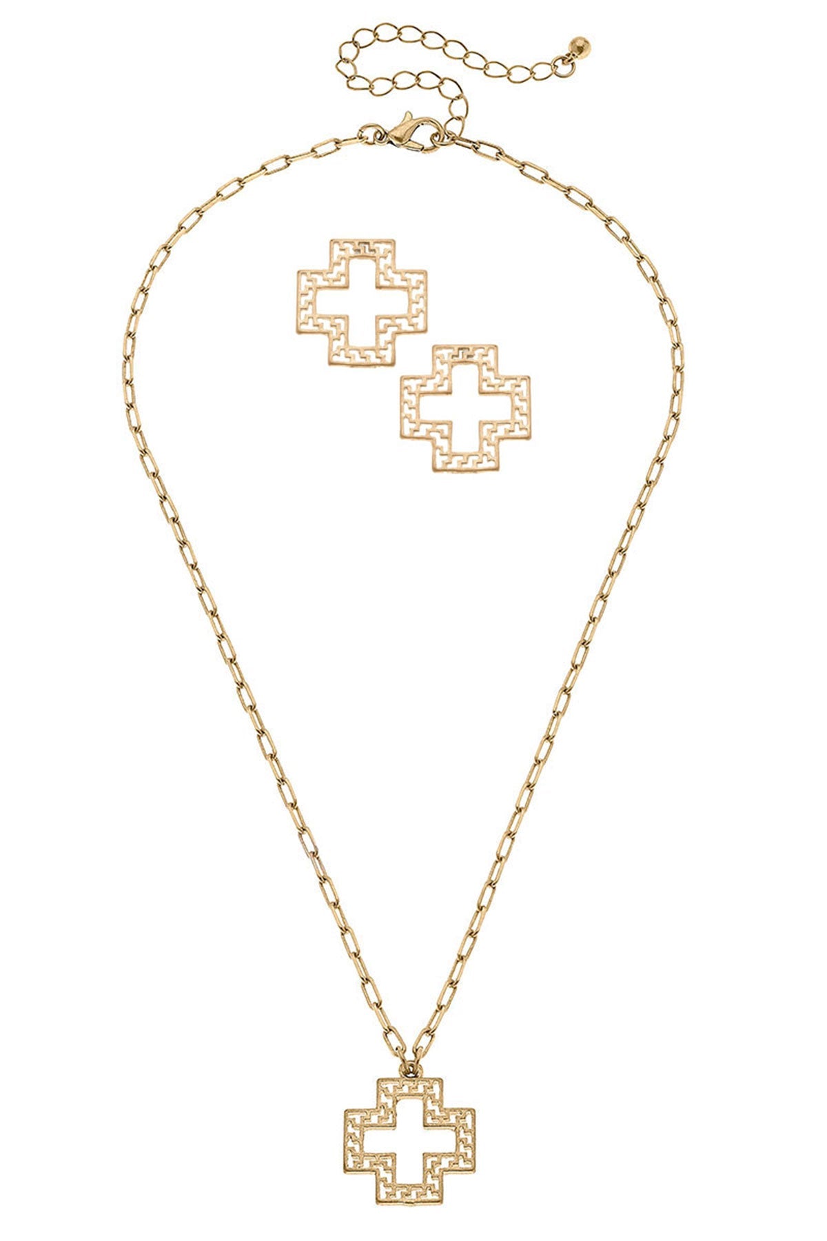 Cameryn Greek Keys Cross Earring and Necklace Set by CANVAS