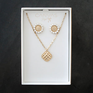 Quilted Metal Earring and Necklace Set in Worn Gold by CANVAS