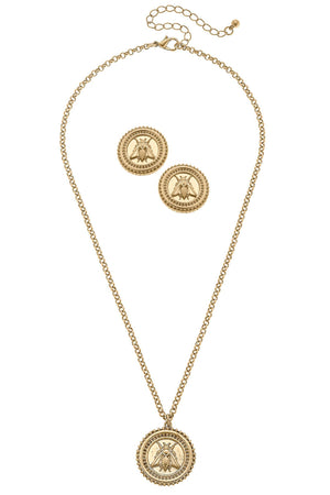 Lizette Bee Medallion Earring and Necklace Set in Worn Gold by CANVAS