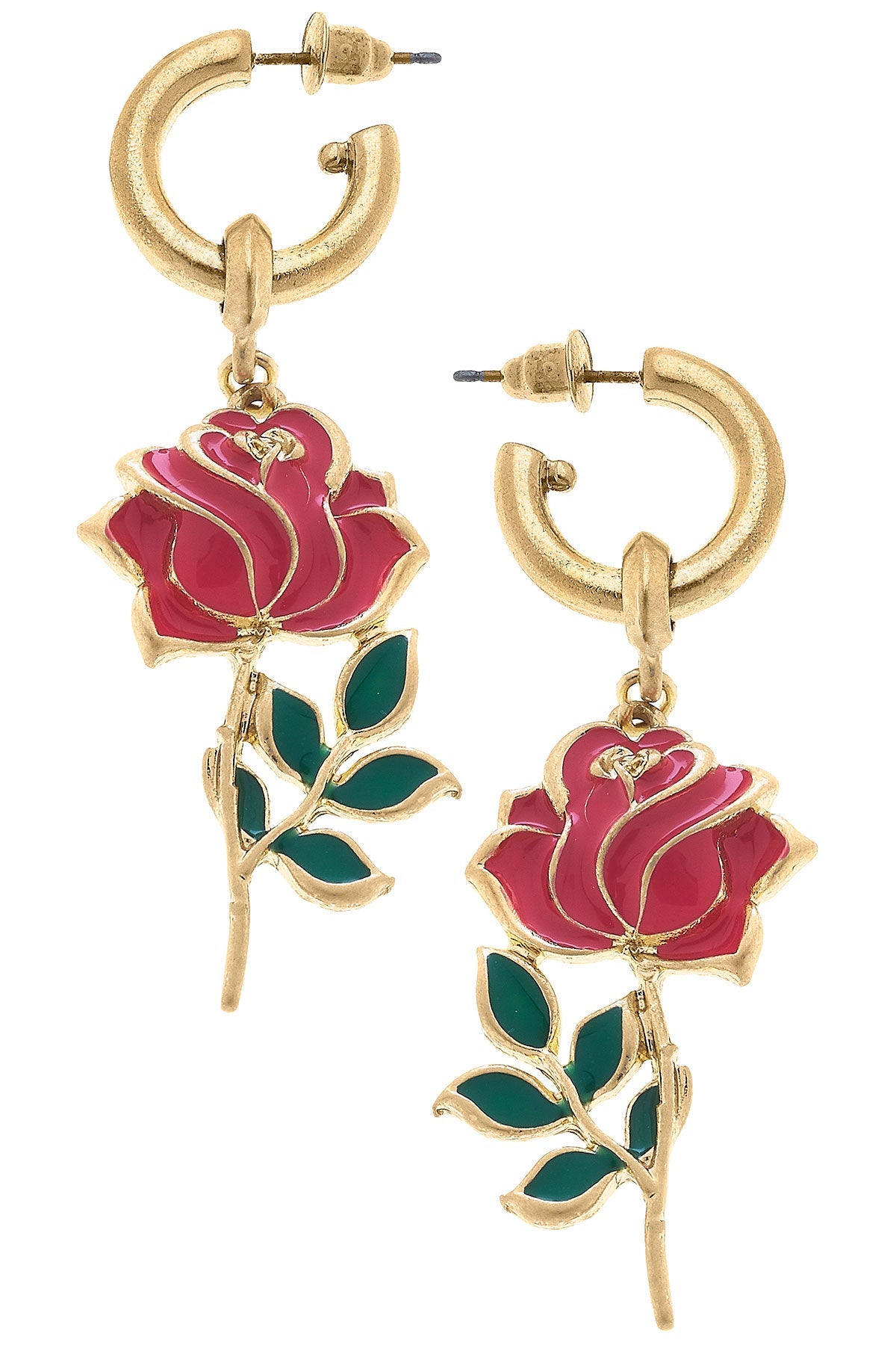 Gianna Rose Flower Enamel Drop Hoop Earrings in Worn Gold by CANVAS