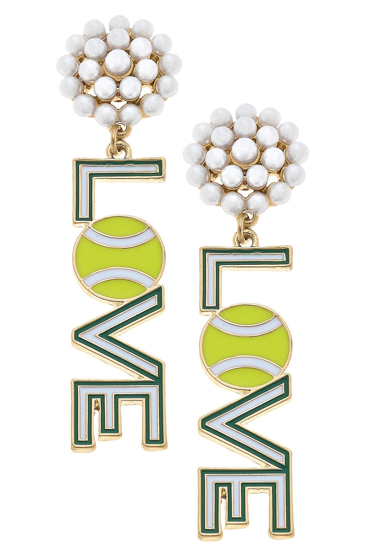 Love Pearl Cluster Enamel Tennis Earrings in Green and White by CANVAS