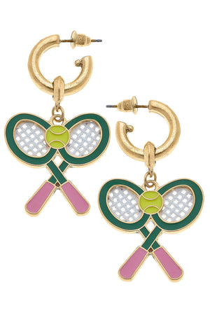Sloan Tennis Racquet Enamel Drop Hoop Earrings in Green & Pink by CANVAS