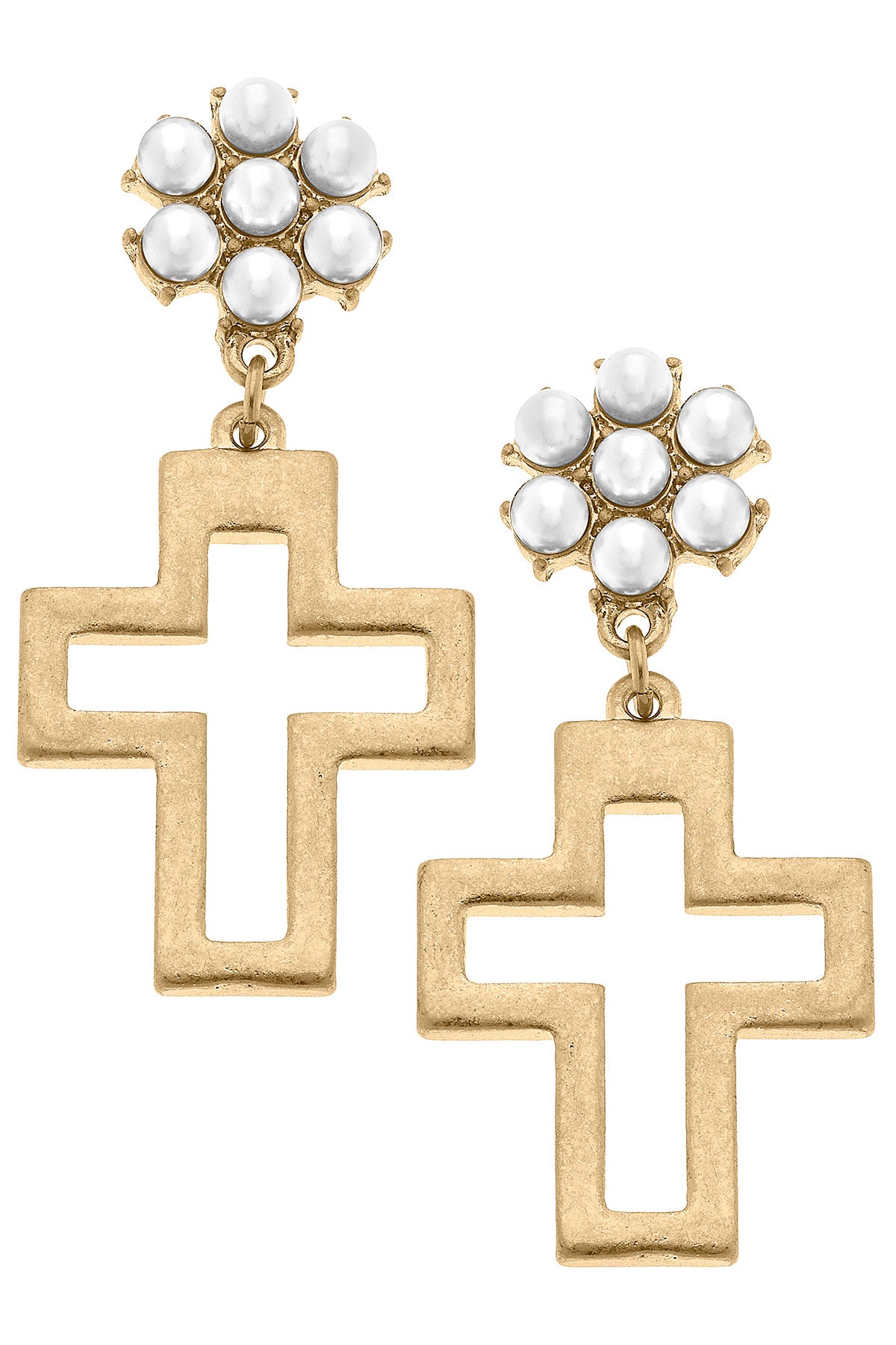 Charlotte Cross Pearl Cluster Drop Earrings in Worn Gold by CANVAS