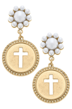 Candace Coin Cross Pearl Drop Earrings in Worn Gold by CANVAS