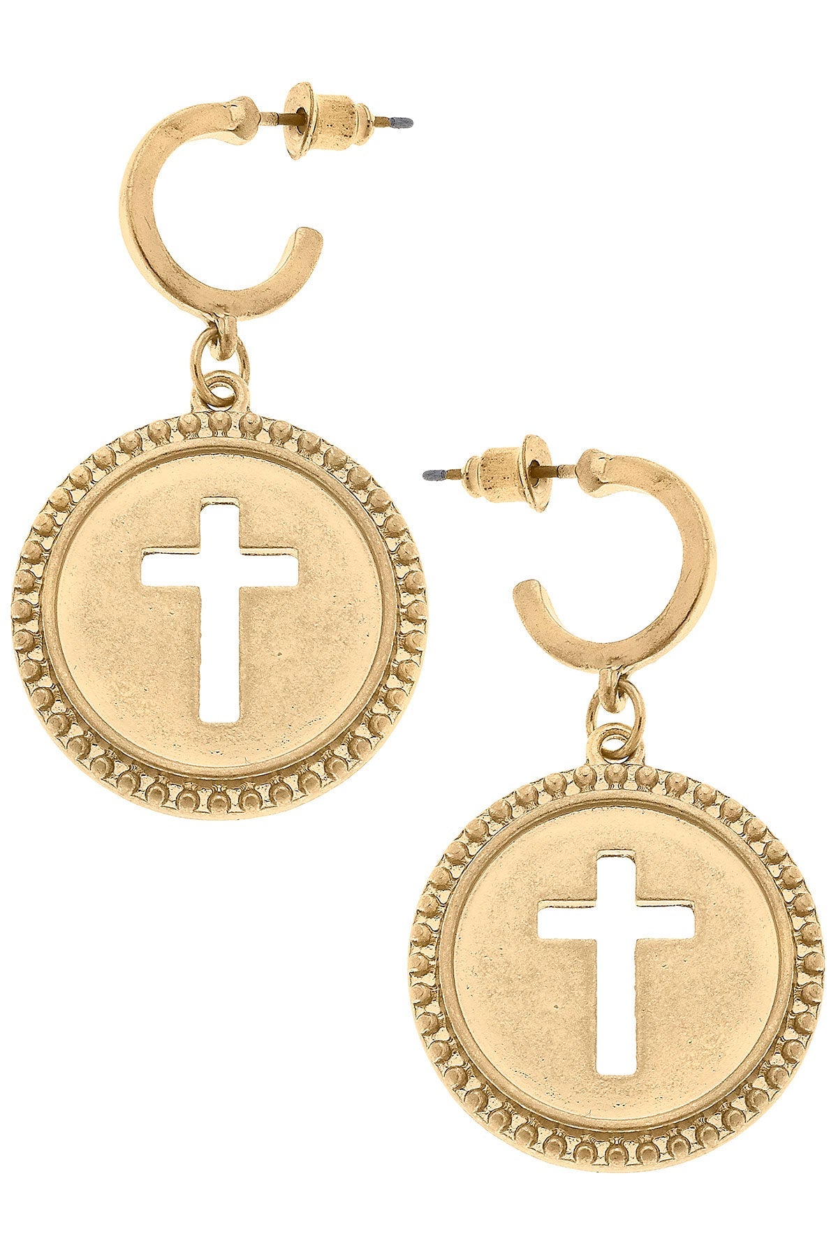 Candace Coin Cross Drop Hoop Earrings in Worn Gold by CANVAS