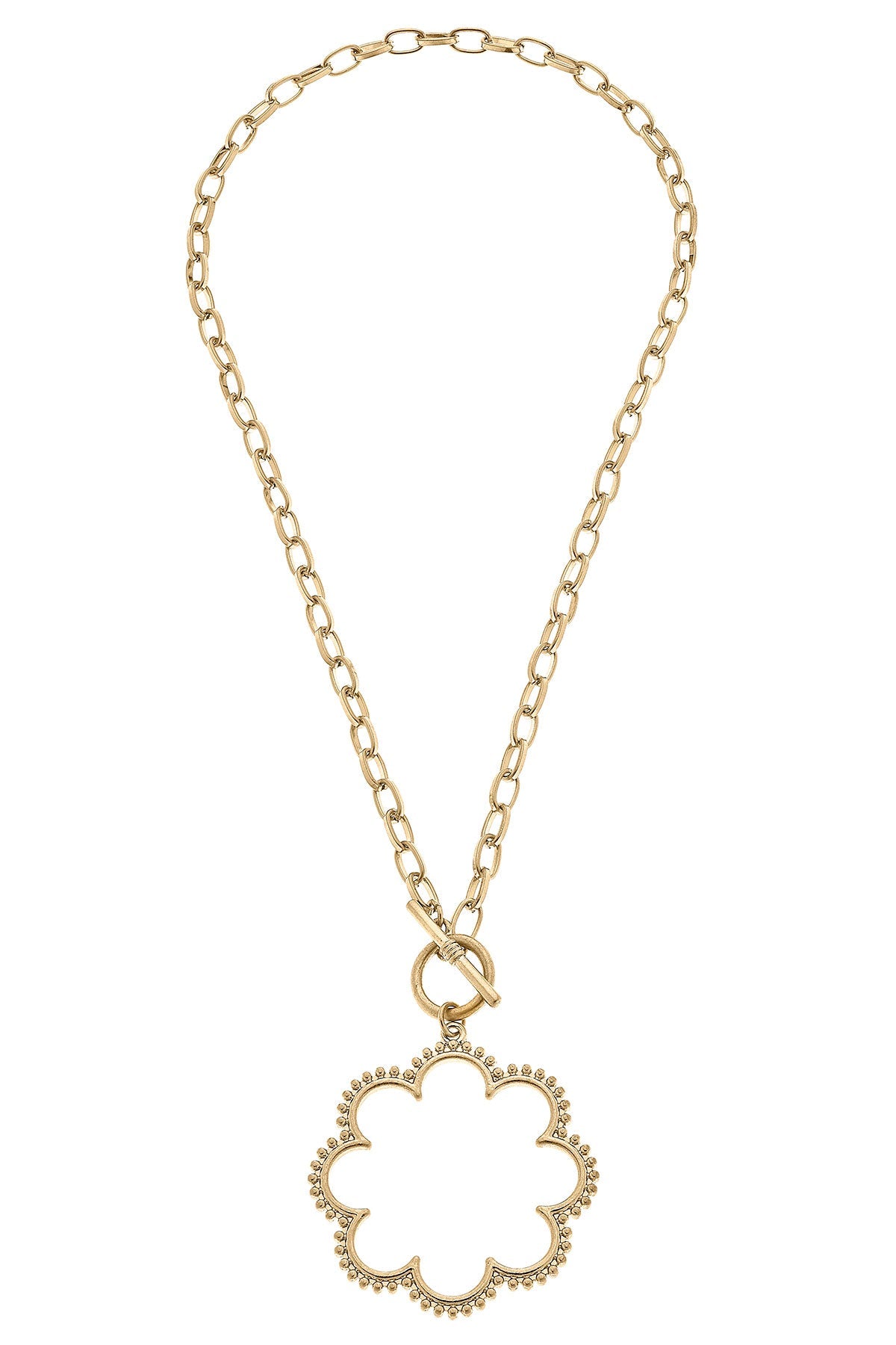 Belle Studded Flower T-Bar Necklace in Worn Gold by CANVAS