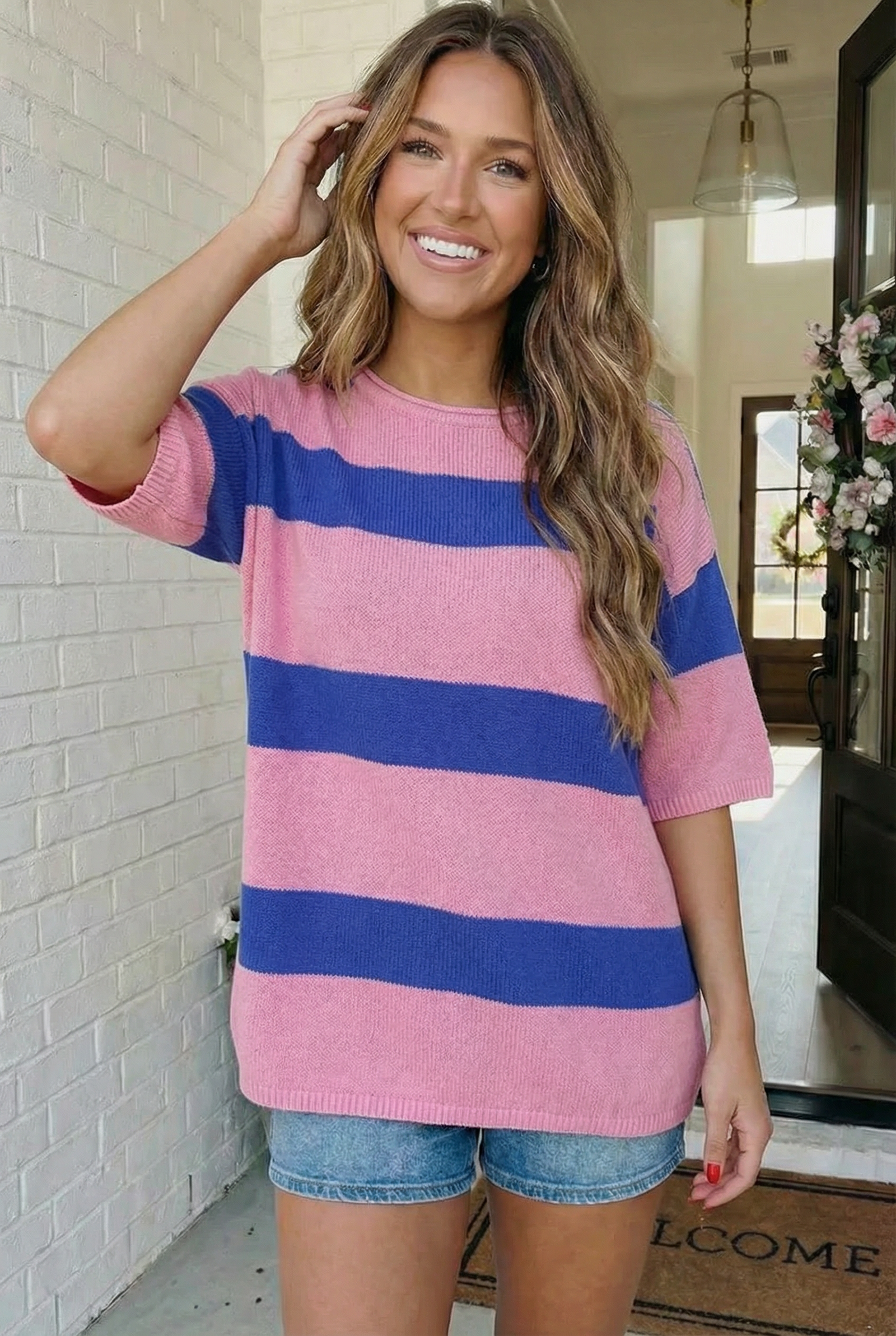 Skip the Line Pink and Blue Oversized Sweater Top