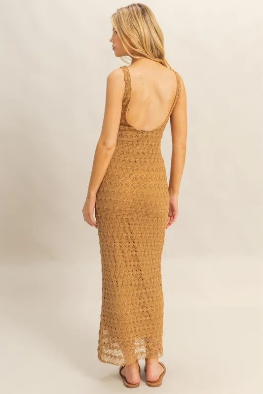 crochet open back maxi dress Plunge Cut Out Open Back Maxi Dress In Olive Green Crochet Knit | EGO EU