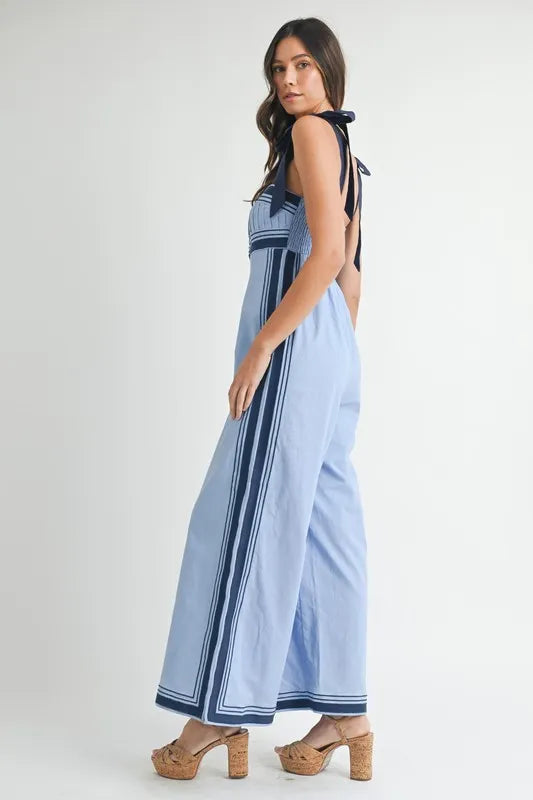 Linen Mix Chevron Sail Shoulder Strap Jumpsuit - Knitted