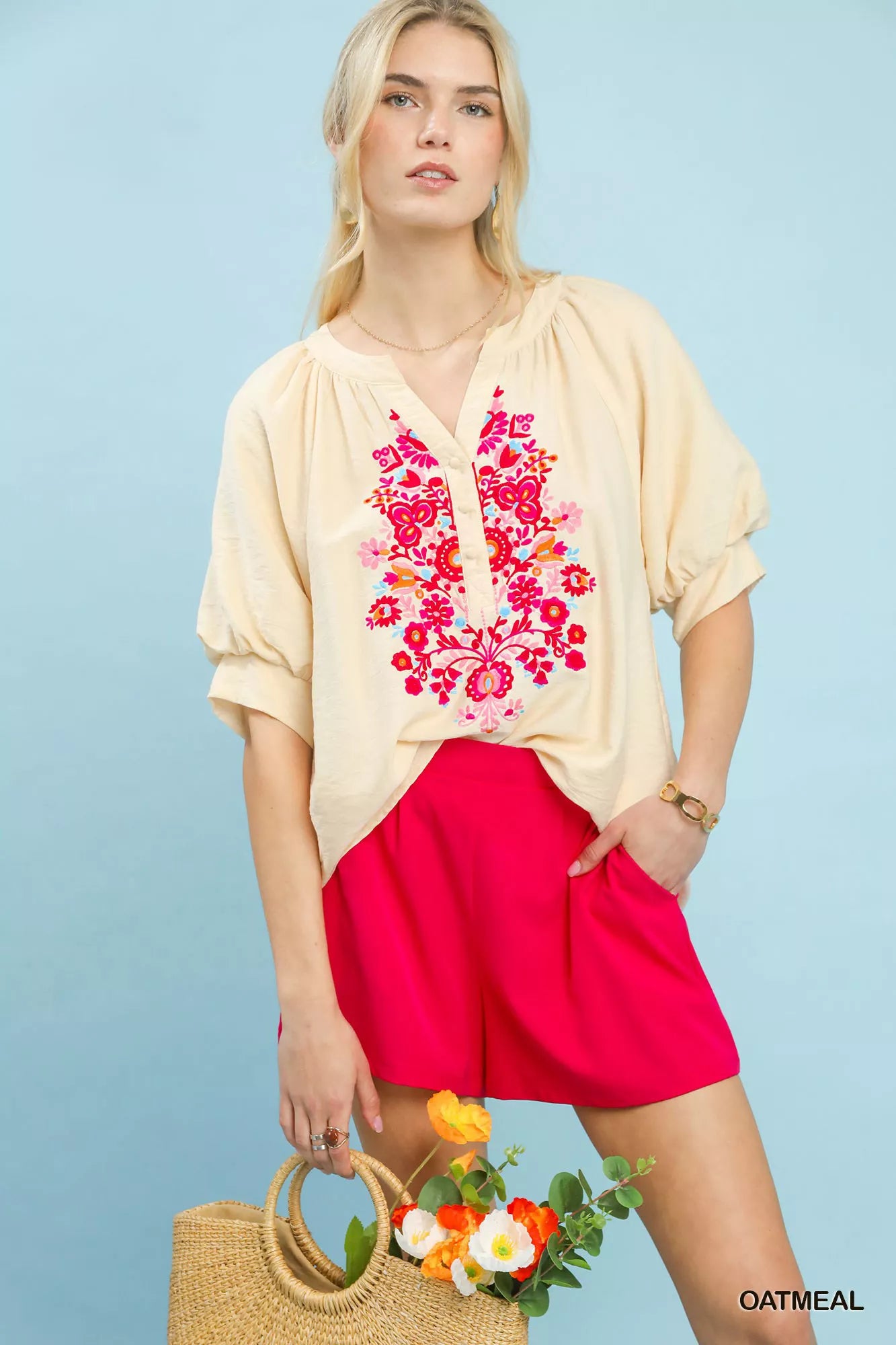 Embroidered Puff Sleeve Blouse